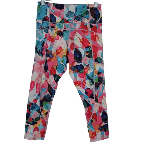 Zyia Active Pink Blue Green Leaf Design Athletic Hiking Walking Capri Leggings 8 - Picture 3 of 6